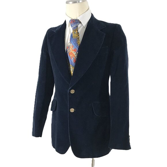 Vintage 70s Sport coat Velvet Velour Navy Blue Blazer Jacket Disco - Picture 1 of 7